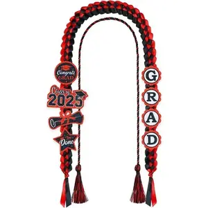 Graduation Leis 2025 and Graduation Cords, Graduation  Leis with 8 Graduation Glitter Patches for Graduation Party Decorations (Graduation Lei & Graduation Cord, Red & Black)