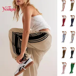 Yeokou Women's High-Rise Wide Leg Track Pants - Adjustable Drawstring, Side Striped, Slouchy Palazzo Bottoms with Pockets, Casual Comfy Baggy Athleisure Pants, Casual Chic Trousers