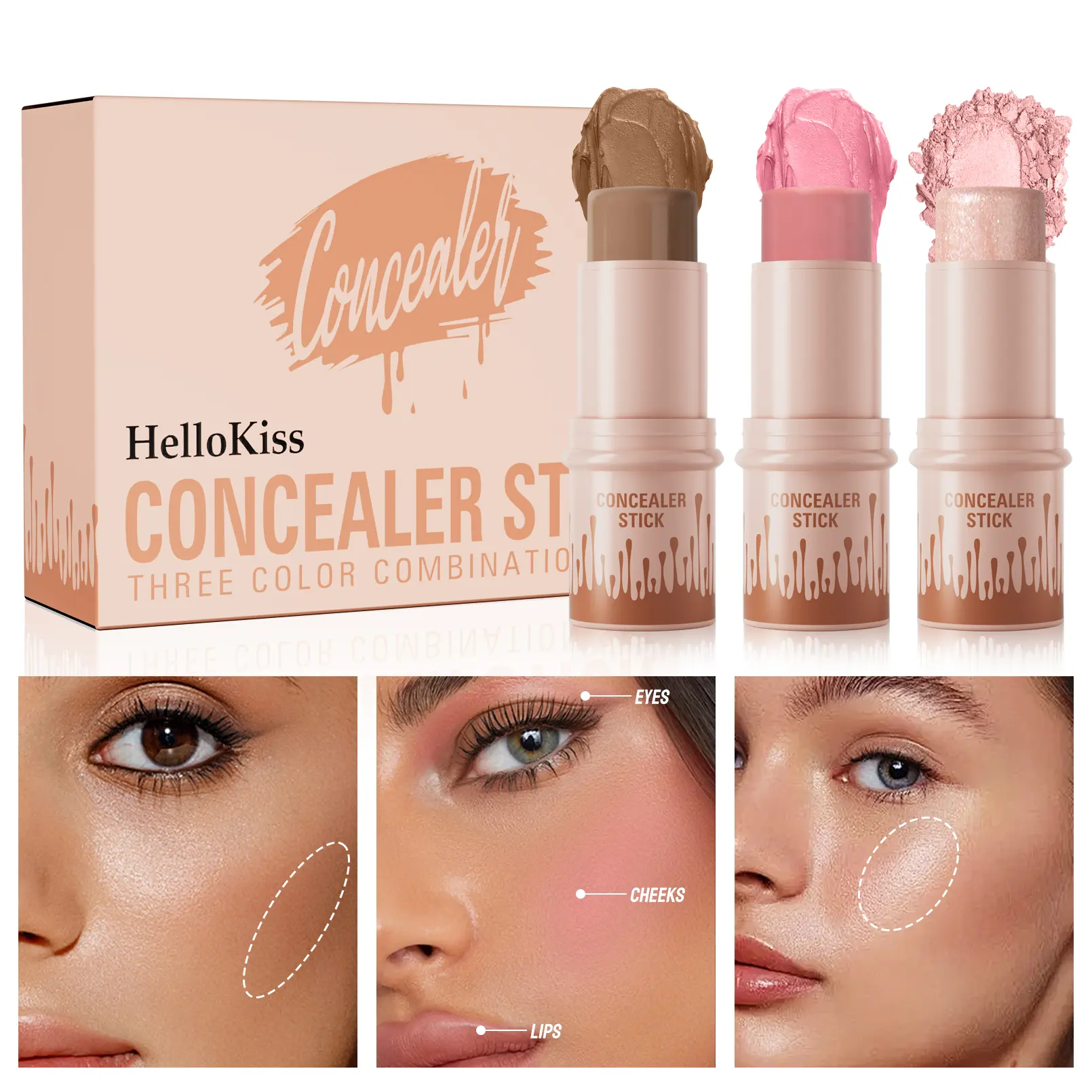 3 Pack Makeup Stick Set-Highlighter, Contour & Blush Trio, Long-Lasting Waterproof Concealer Pen Kit for Natural Face Sculpting & Glow，Chrismas Gift, Daily Makeup Tool