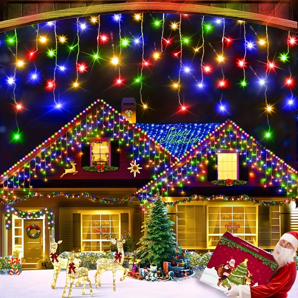 Plastic LED Icicle Christmas String Lights, 21.32ft 100-LED USB-Powered Outdoor Lights with Button & Remote Control, 8 Modes Timer Twinkle, Festive Decoration & Ornaments for Christmas, Yard