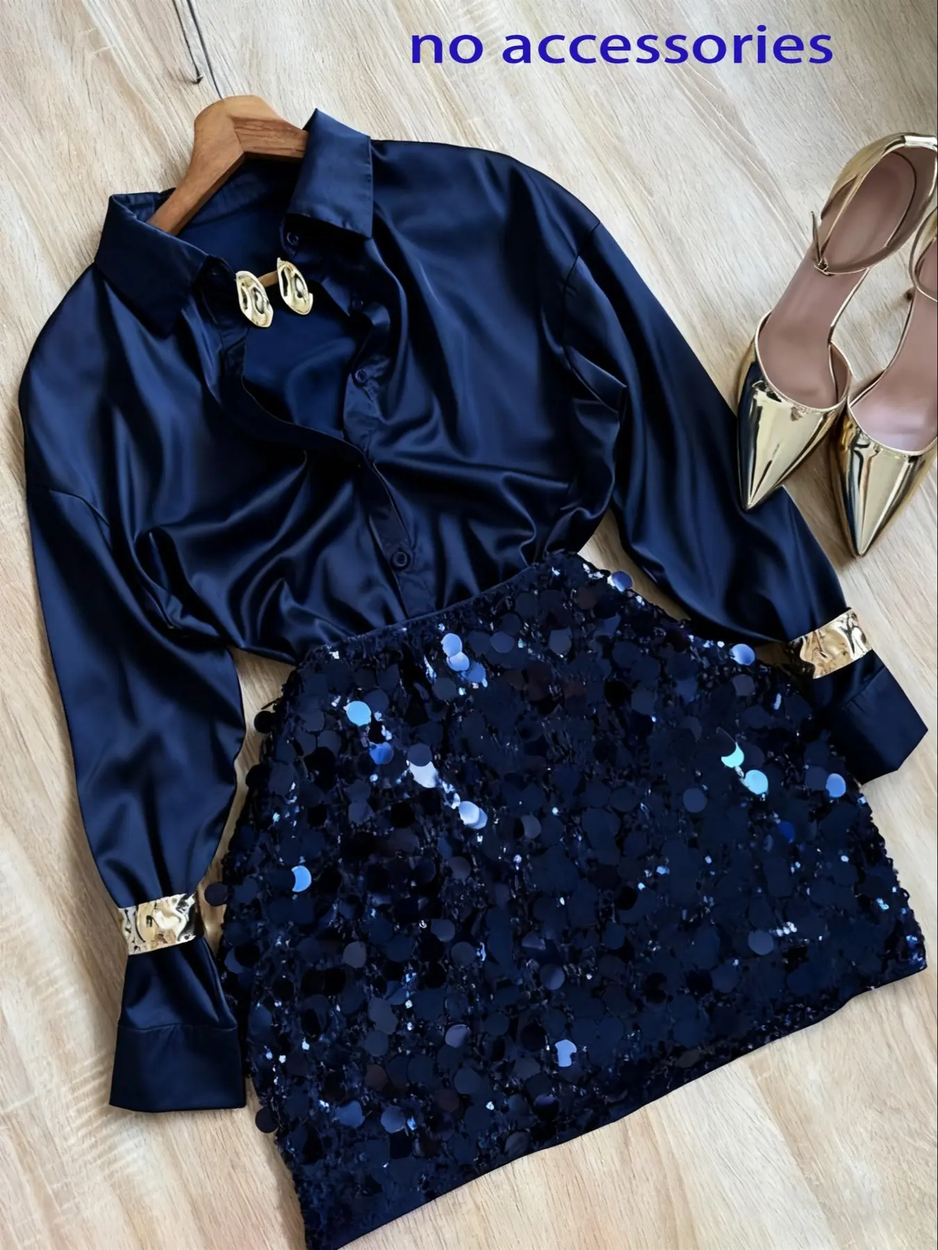 Elegant Plain Long Sleeve Blouse & High Waist Bodycon Fit Skirt with Contrast Sequins, Women's Fashion Two-Piece Set for Spring, Womenswear, Tops, Clothes, Co Ord Set