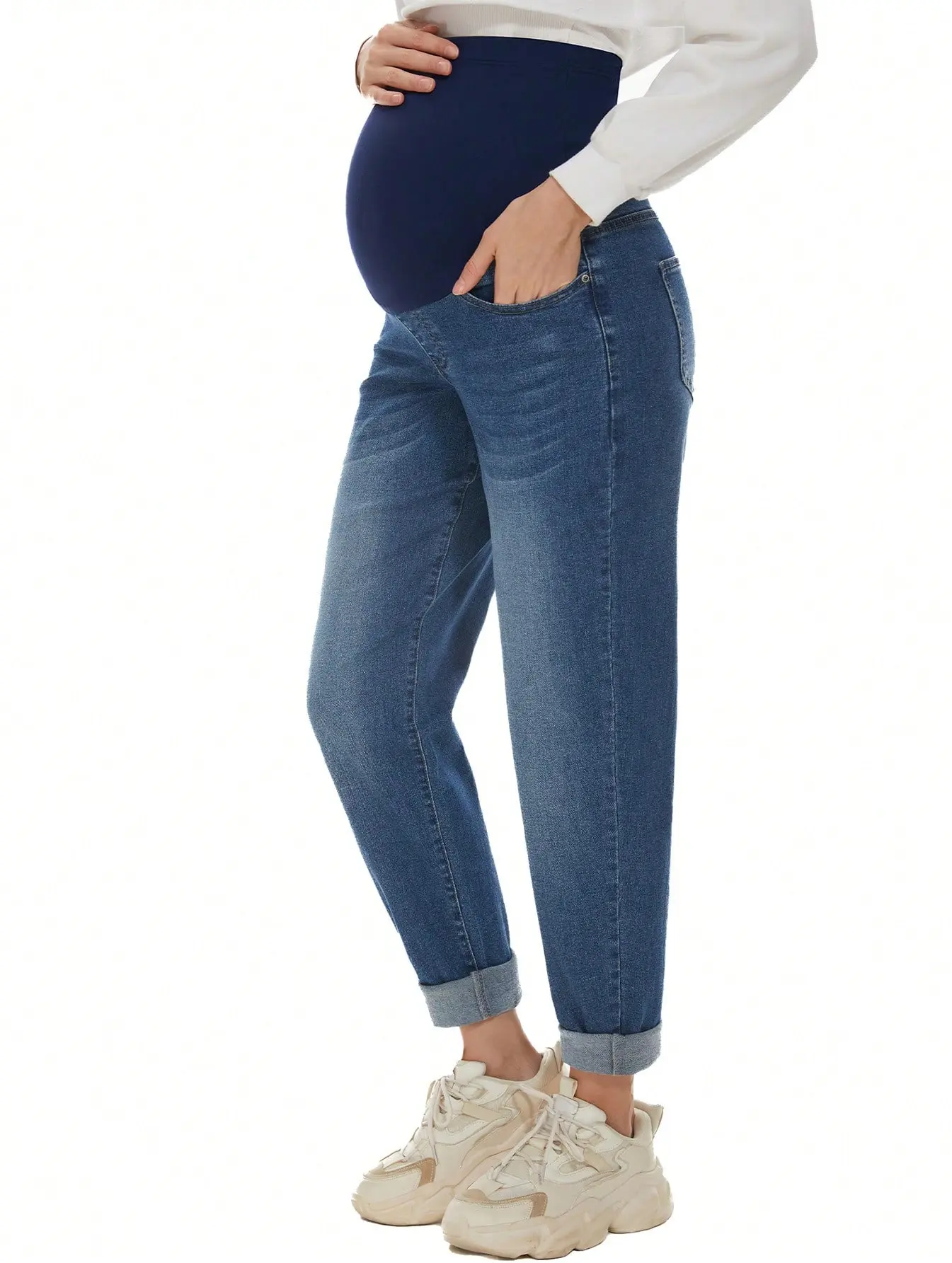 Women's Maternity Jeans - Stretch, Breathable Denim, Adjustable High-Waisted, Over Belly, Above the Ankle, Pockets, Comfy Relaxed Fit Maternity Apparel for Moms-to-Be