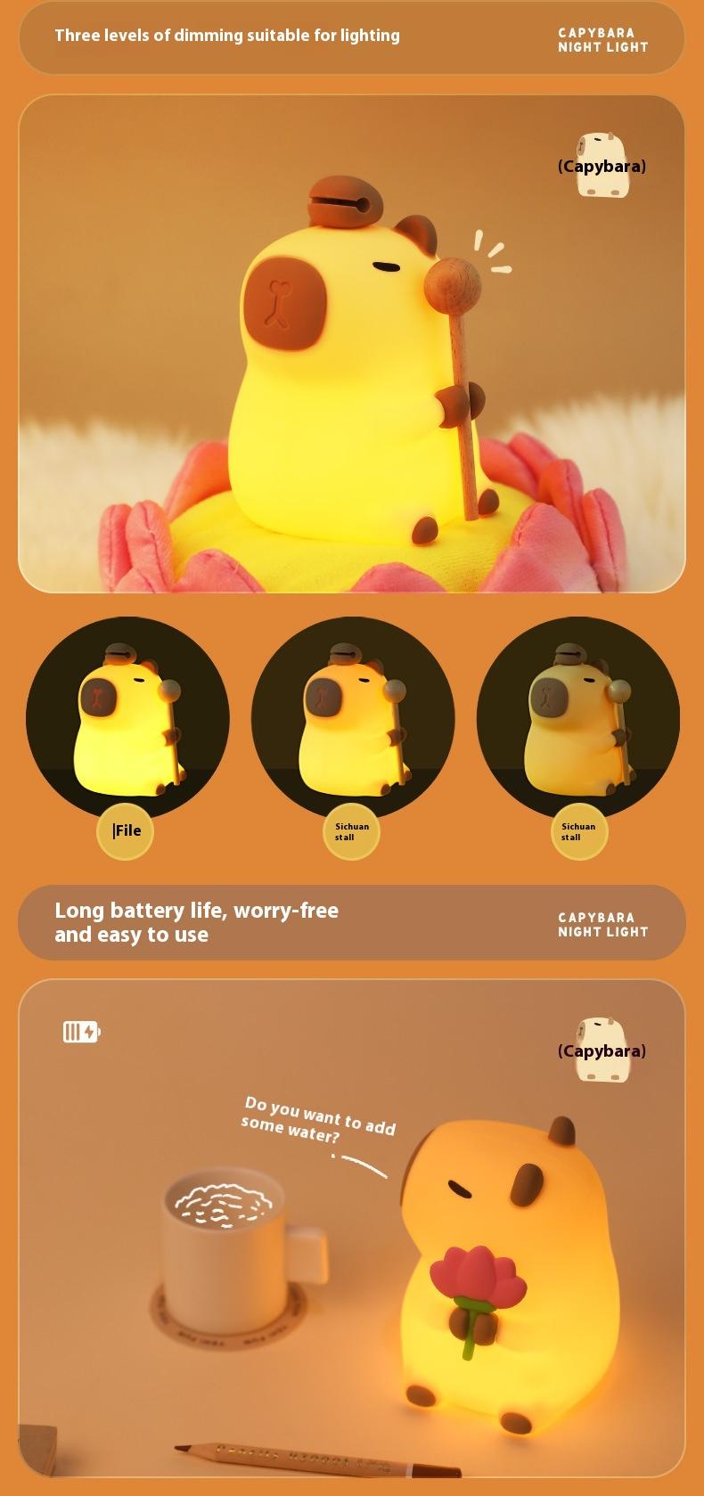 Adorable Capybara Night Light Lamp-Soft Silicone,Rechargeable, Perfect Bedroom Decor & Gift for Kids/Adults