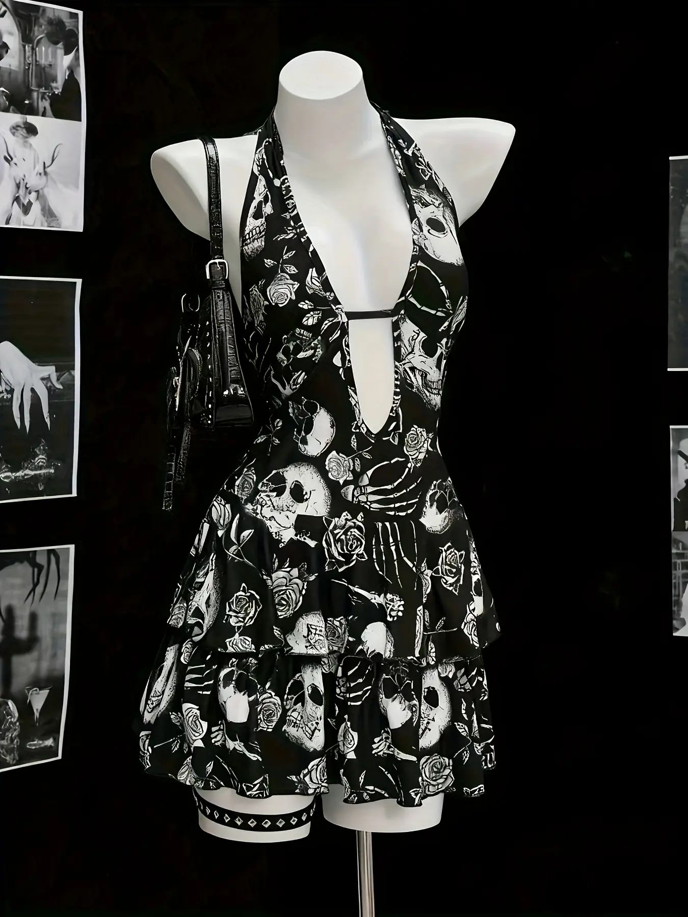 Women's Deep V-Neck Backless Gothic Skull Rose Print Halloween Mini Dress, Dresses For Party, Flared Waist Cross Design, Perfect for Party and Cosplay