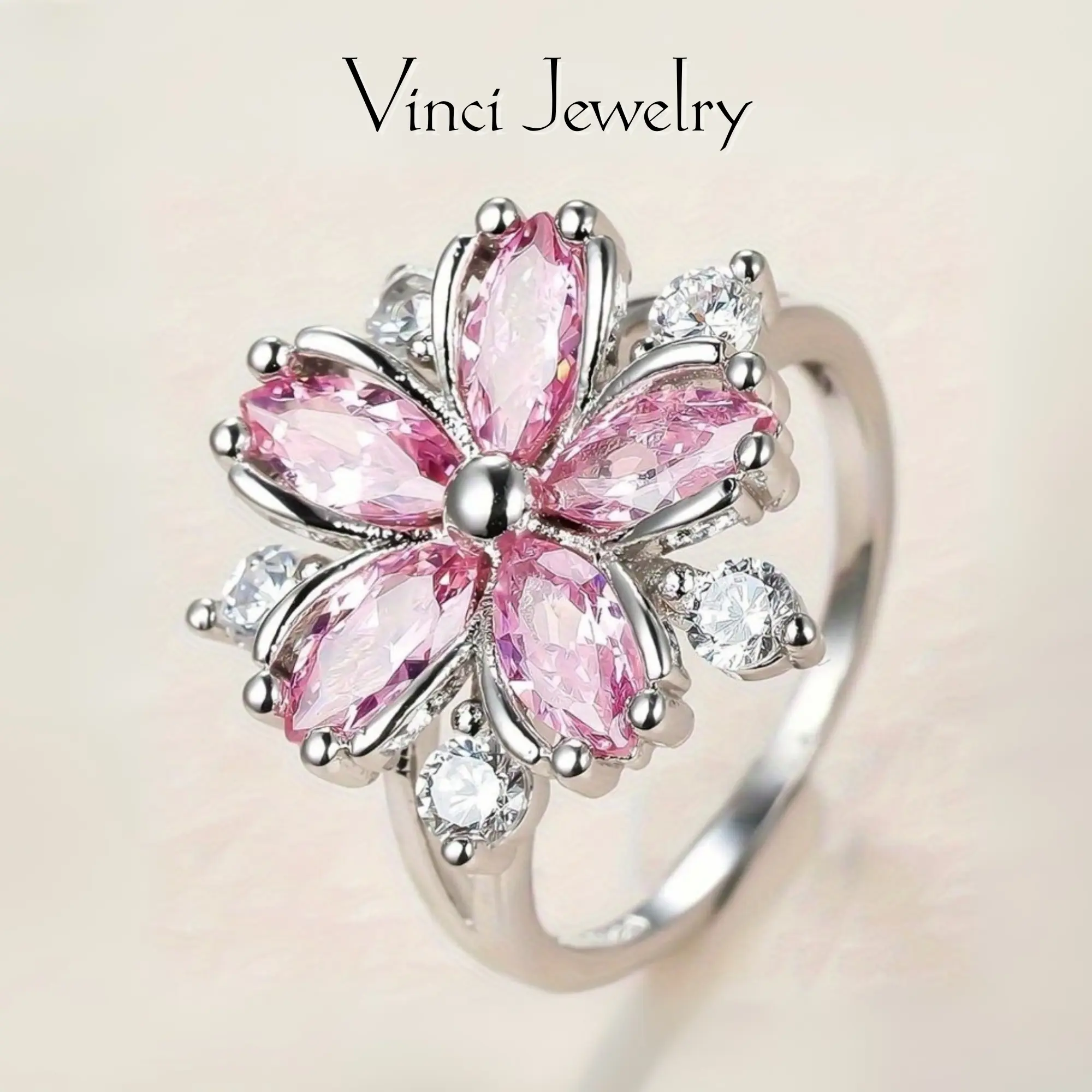 925 Sterling Silver Cherry Blossom Ring, Romantic Flower Zircon Ring Fashion Pink Synthetic Diamond Set, Daughter Birthday Valentine's Day Sweet Crystal Gifts Wedding Engagement Ring Bridal Ring Sets