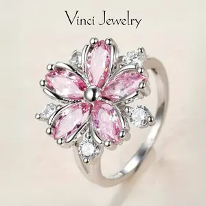 925 Sterling Silver Cherry Blossom Ring, Romantic Flower Zircon Ring Fashion Pink Synthetic Diamond Set, Daughter Birthday Valentine's Day Sweet Crystal Gifts Wedding Engagement Ring Bridal Ring Sets
