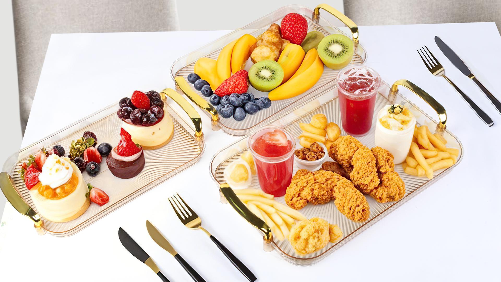 3 Pack Serving Tray with Handles Stackable Reusable Trays for Serving Food Plastic Serving Platters for birthday Party Charcuterie Fruit Appetizer BBQ Pool snacktray  festive party platter Mother's day gift