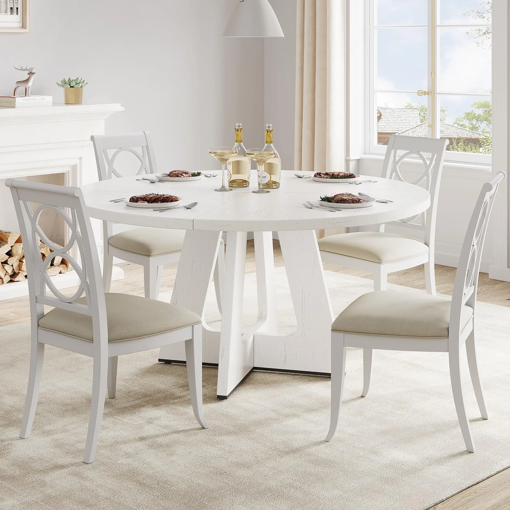 Garvee 47-Inch Diameter Round Farmhouse Dining Table Set for 4-6, Heavy-Duty Wooden Top & Adjustable Legs, 4 Board Join Secure, Anti-Slip Pads, White Indoor Furniture for Home Dining Room, Dining Table Set Of 4,sohochic