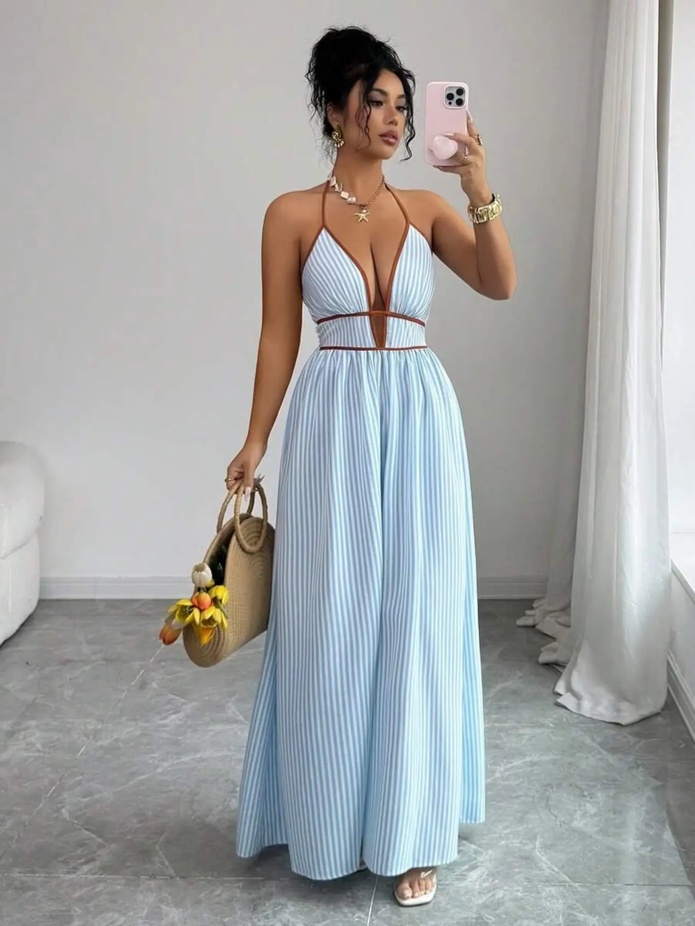 Women's Elegant Sexy Striped Deep V Neck Halter Dress, Perfect for Summer Vacation, Beach & Poolside, Trendy Fashion Piece, Dresses for Party