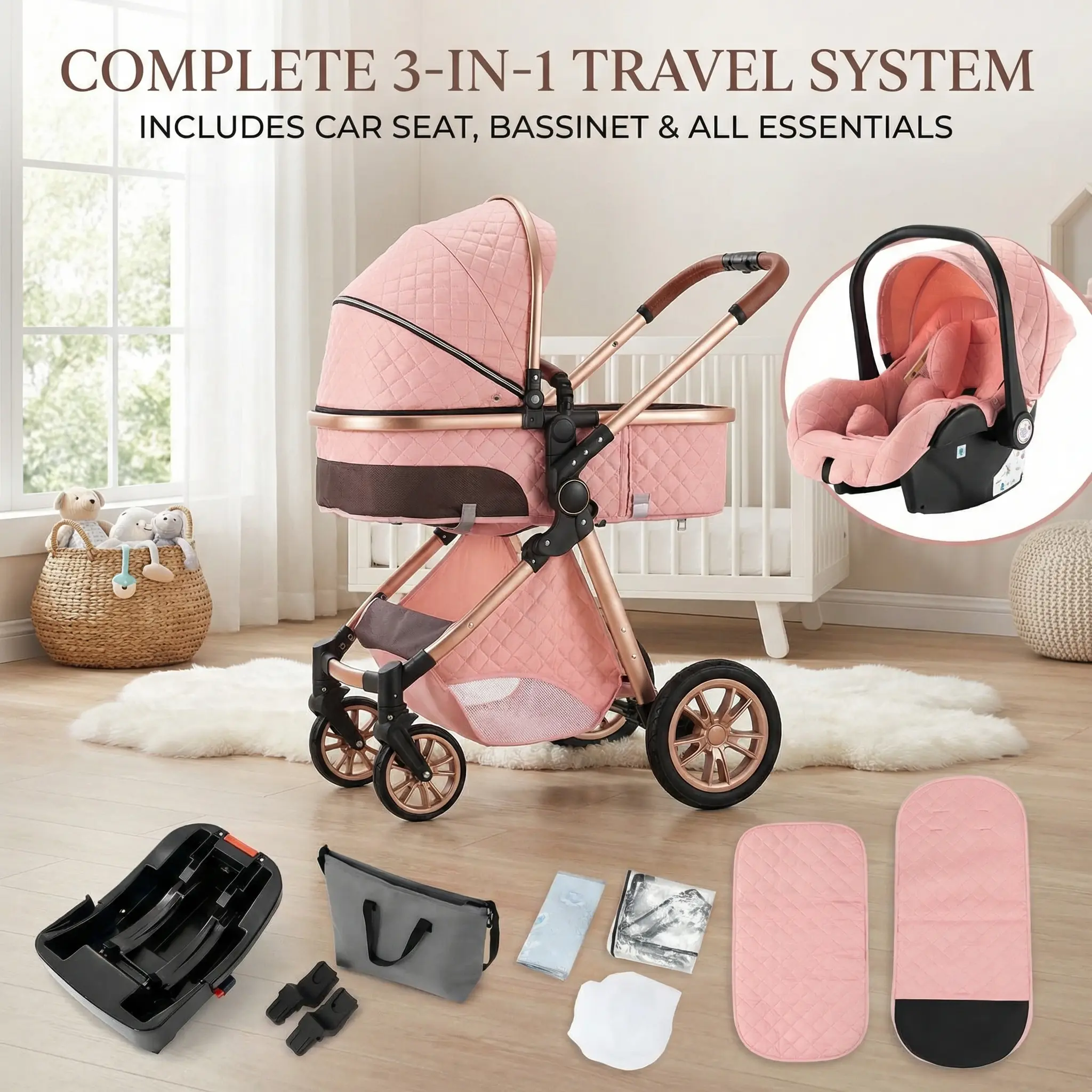 White Luxury Quad Stroller - Folding Newborn & Toddler Lightweight Travel Stroller, Alloy Metal, 4-Wheel, 1-Click Contraction, Chest Clip, Reversible Seat, Wagon Design, Free Bag, Modular Jogging Vintage Straw Pushchair with Infant Car Seat Carrier