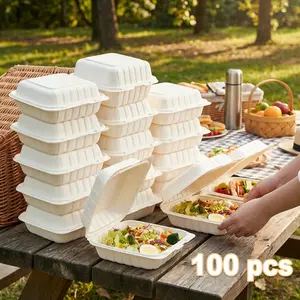 [100 Pcs] Heavy Duty Disposable To-Go Containers | Leak-Proof Clamshell Takeout Boxes | Sturdy White Meal Prep Food Containers for Restaurant, Catering & Home Use | Bulk Value Pack