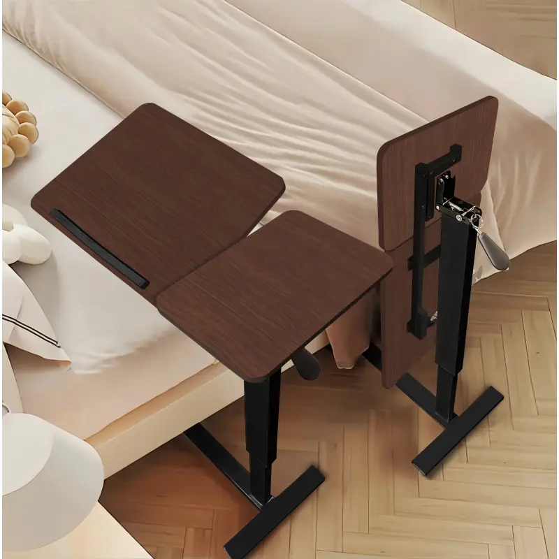 Walnut Finish Foldable Overbed Bedside Table - Foldable Tabletop, Wheels, Height-Adjustable Tray, Ergonomic, Safe, Versatile for Laptop Use, Mother's Day Gift Option