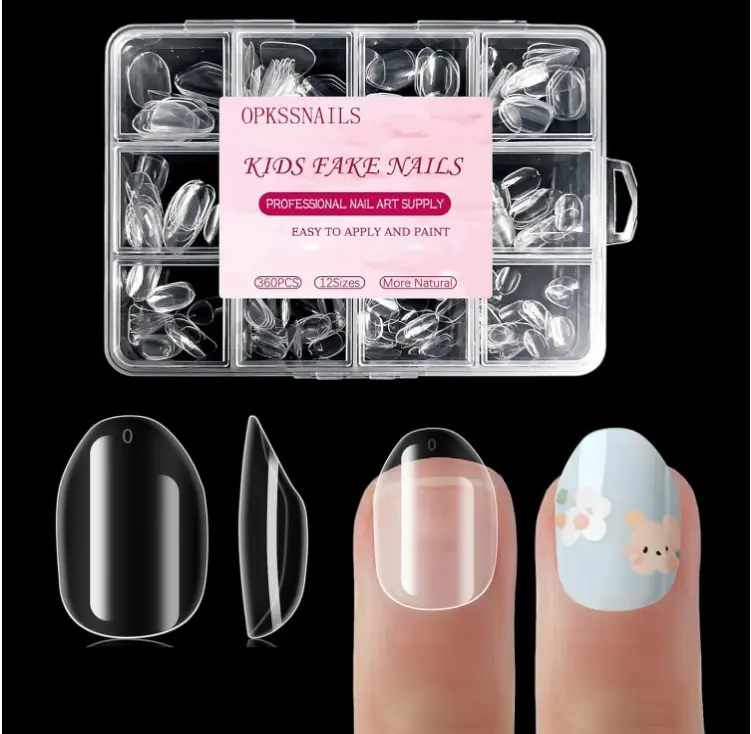 Extra Short Almond Kid Nail Tips,360Pcs Soft Gel Nail Tips Pre-Shaped Press On Nails For Kids,Clear Acrylic Half Matte Full Cover Fake Nail For Kids DIY Extension & Salon Use12 Sizes