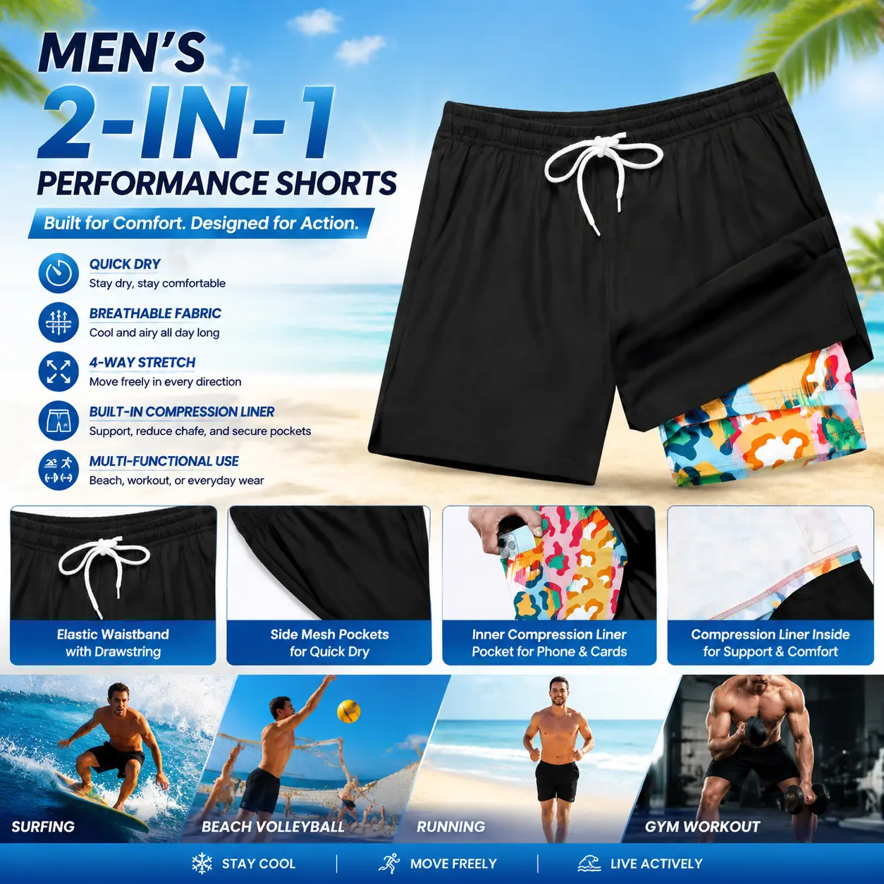 Men's 5-inch swimming trunks, swimsuits with 5-inch inseam, quick-drying swimsuits, beach board shorts with compression lining, men's beach pants, men's casual shorts, stretchy beach shorts, quick-drying inner lining, pockets, scratch-resistant.