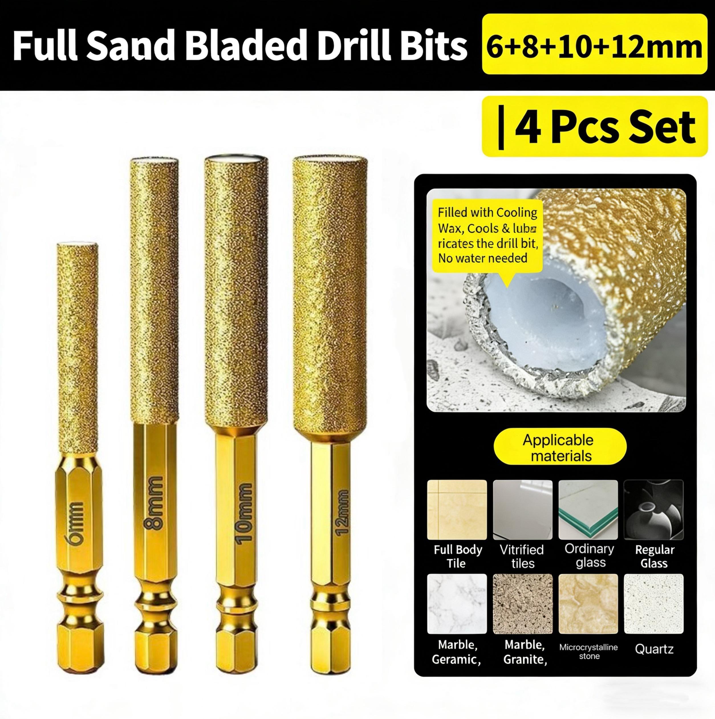 4pc Hexagonal Shank Emery Drill Bit for Dry Drilling onTile Marble Granite Concrete 6-12mm Wax CoreCooling No Water Needed