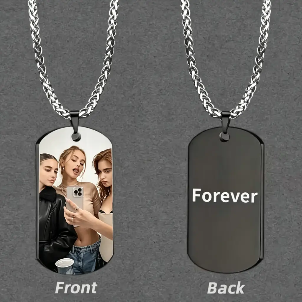 Custom Photo Engraved Metal Dog Tag Charm Necklace - Casual Personalized Chain Accessory for Pet Lovers, Black Link Collar Add-On, Pet Supplies Gift