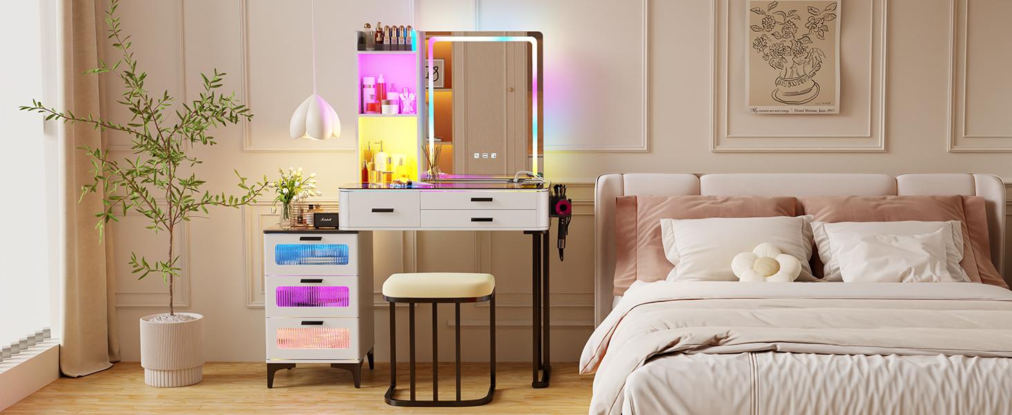 MIU Vanity with Mirror and LED Lights, Glass Top Vanity Desk with Charging Station(Wireless+USB+Type-C), RGB Makeup Table Set with Stool/Makeup Organizer/6 Drawers
