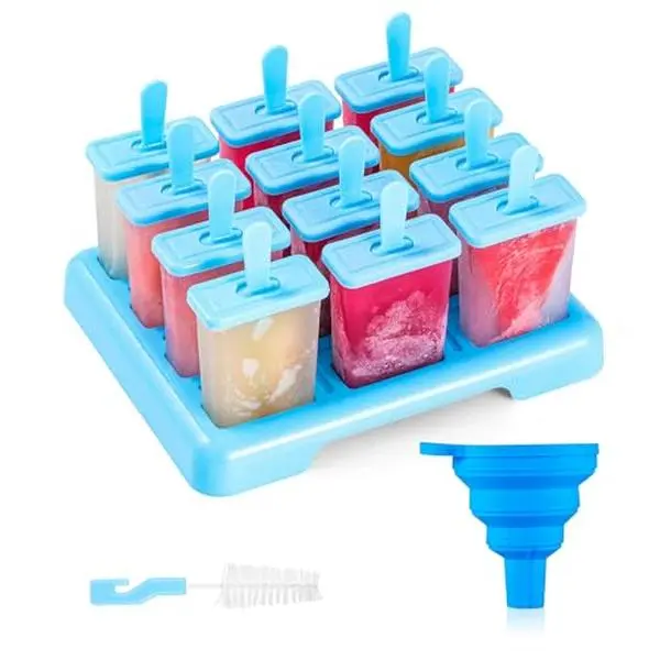 Popsicle Molds, 12 Reusable Ice Pop Molds with Stand, Collapsible Funnel and Cleaning Brush, BPA-Free Popsicle Maker for Homemade Fruit Pops, Yogurt Pops and Frozen Snacks