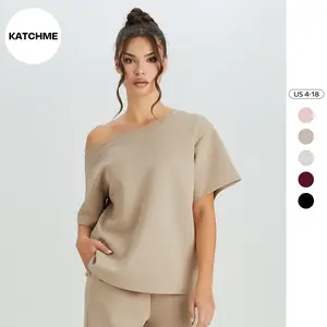 KatchMe Women's Leisure Solid Color Sloping Shoulder Short Sleeve Top, Simple Style Loose Going Out Outfit, Comfortable Womenswear