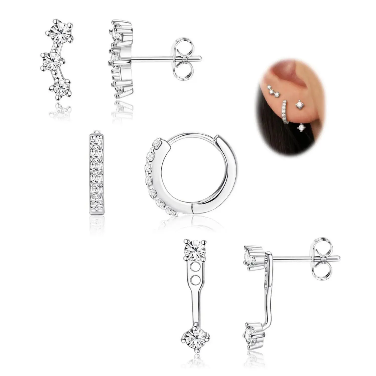 3 Pairs 925 Sterling Silver Hypoallergenic Earrings for Women Trendy - 14K Gold Plated Stud Hoop Cartilage Earrings Set Small Earring Stacks for Sensitive Ears Non Tarnish Dainty Silver Earring