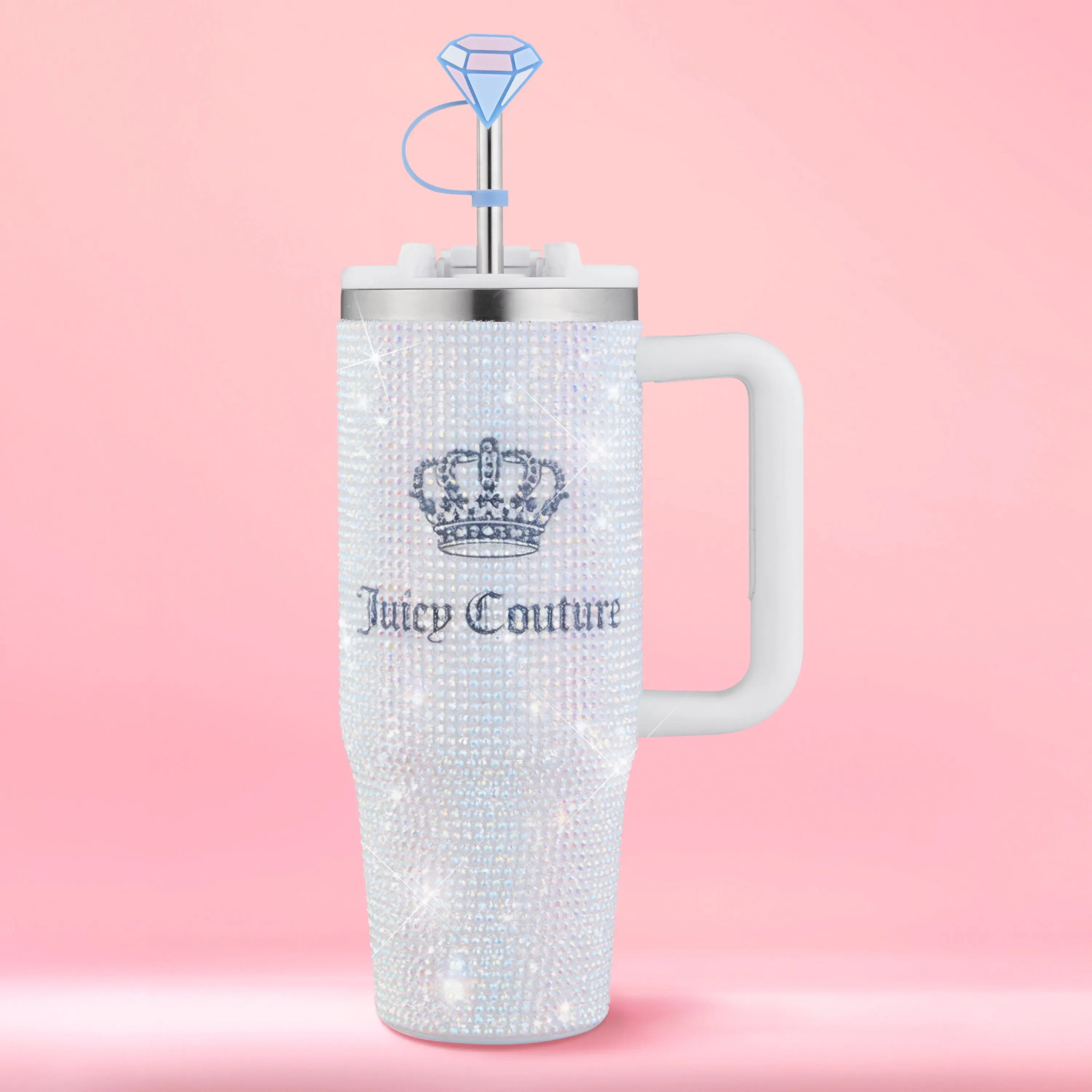 Diamond Bling Stainless Steel Tumbler with Handle and Straw, 30 oz