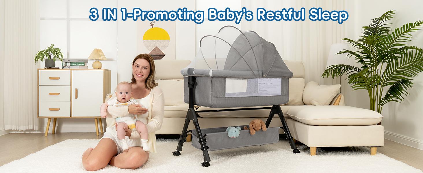 Baby Bassinet Sleeper, 6 Height Adjustable Cribs, Easy to Fold Portable Crib Side Bassinet, Swing Cradle Bed Side Sleeper with Ventilated Net&Wheels Folding Cot Layer Floorbed
