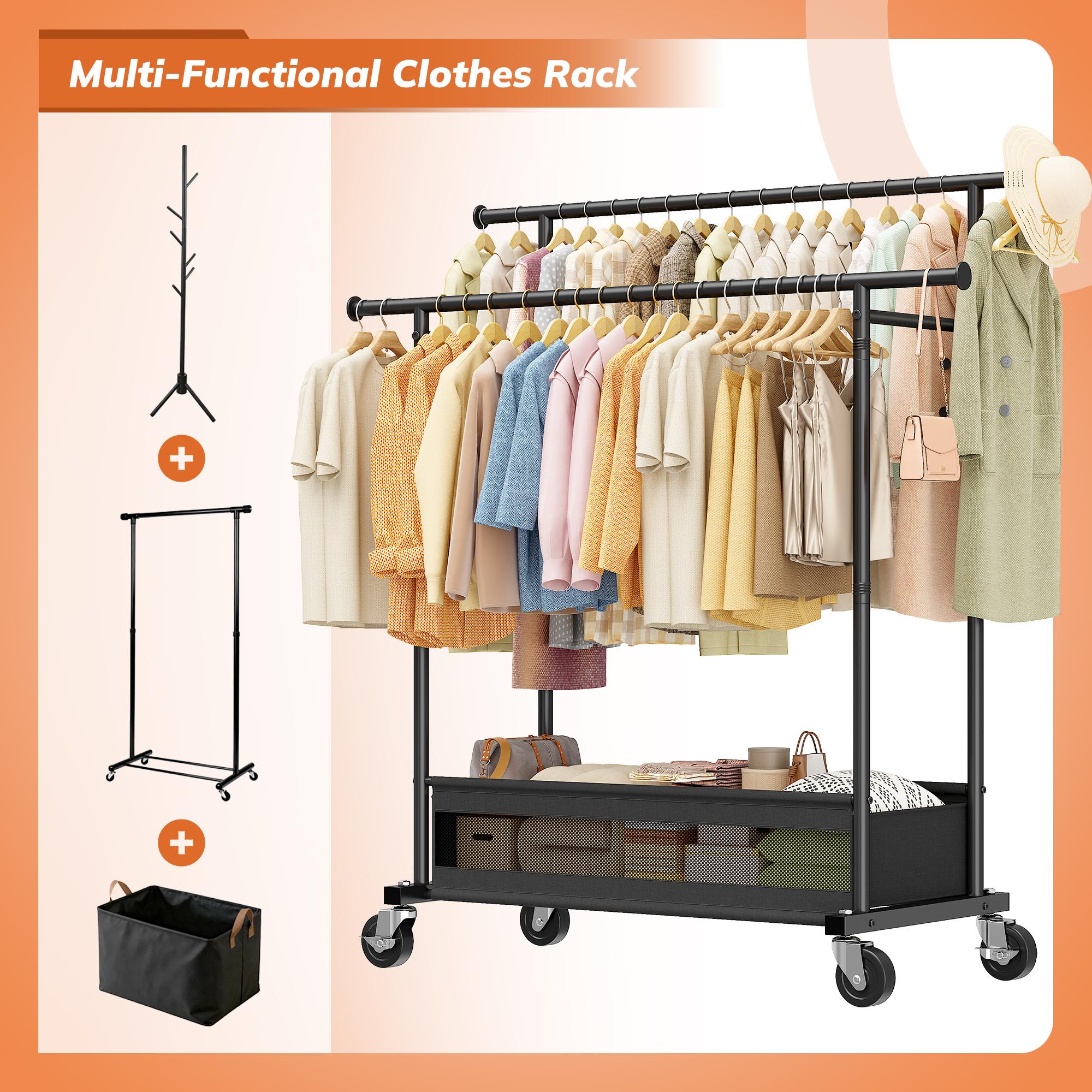 Raybee Clothing Rack with Shelves &Double Hanging Rods, Portable Clothes Rack with Wheels Rolling Garment Rack,  HangingClothing racks Holds Up to 245LBS, Metal Closet Rack, Clothes Organizer Solutions 43.3"Wx22"Dx70.3"H