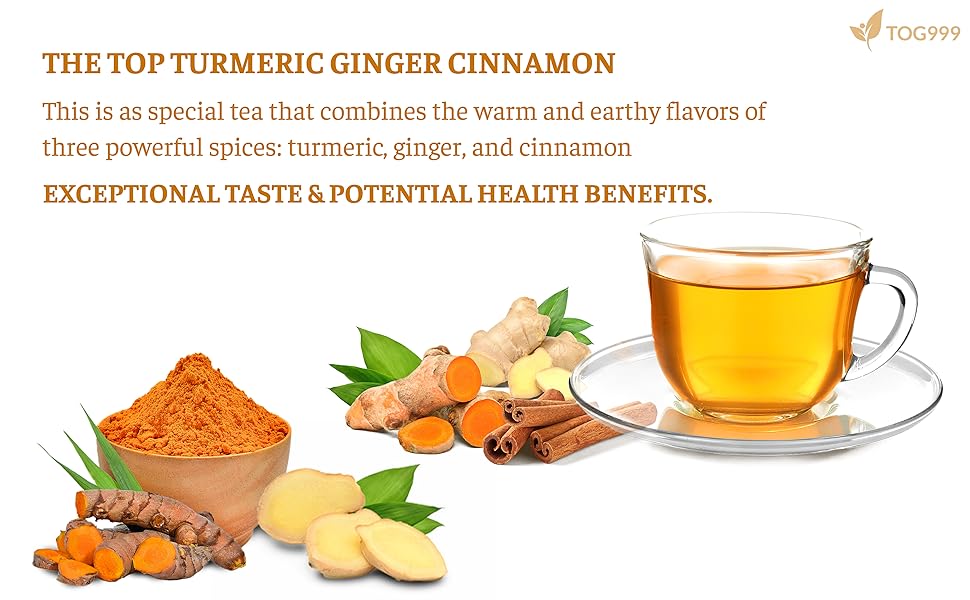 【FreshDrinkUS】 Turmeric Ginger Cinnamon Tea 100% Natural, Anti-Inflammatea. Eco-conscious Tea Bags. Turmeric Ginger Herbal Tea. No Sugar, No Caffeine, No Gluten, Vegan, Eco-Conscious Tea Bags