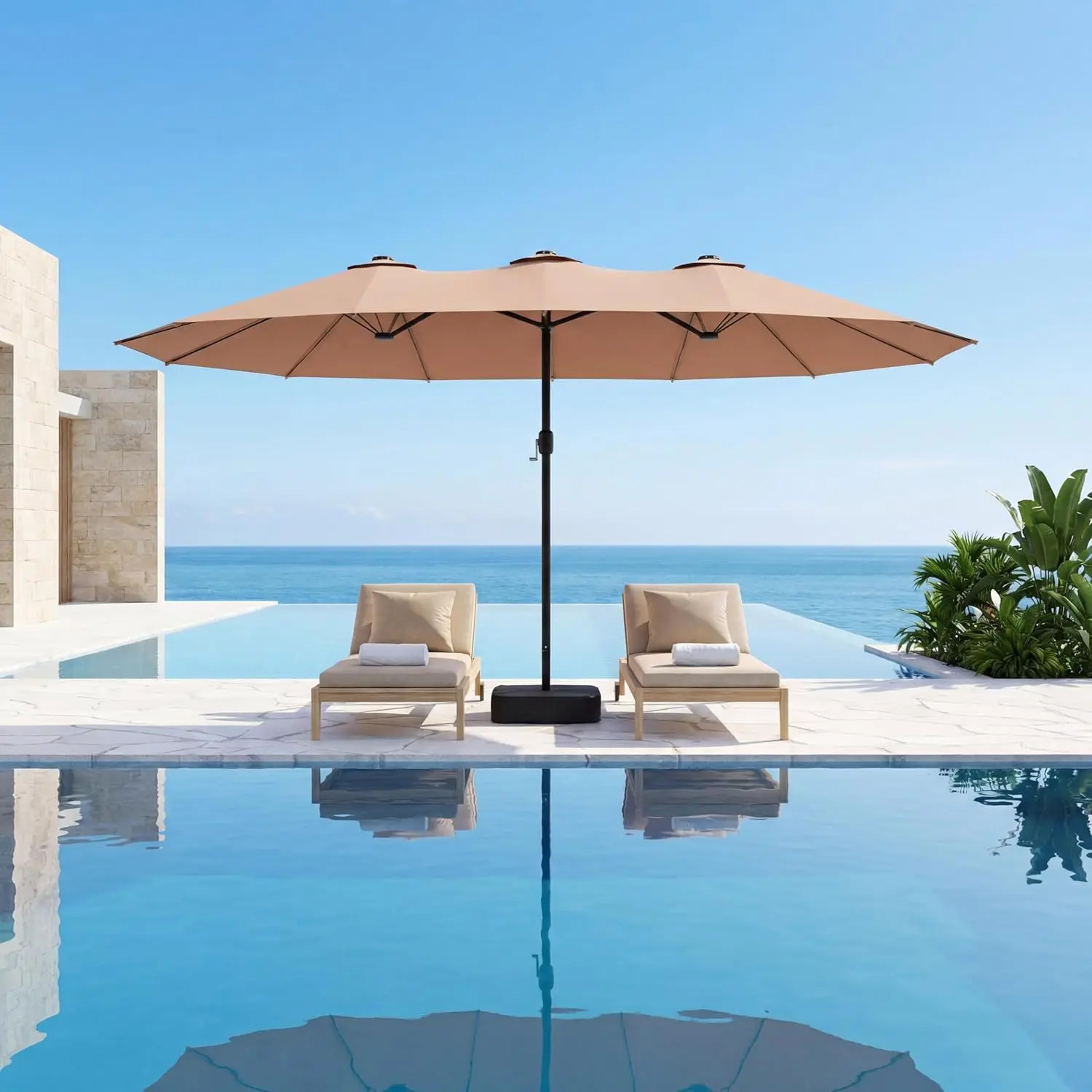 LAUSAINT HOME 13/15Ft Sturdy Aluminium Waterproof UV-Resistant Double-Sided Rectangle Patio Sun Parasol Umbrella with Base, Crank Handle, Adjustable Canopy, LED Light, Storage for Poolside Deck, Canopies & Shade