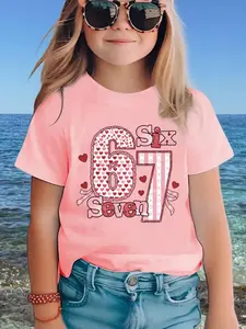 Girls' Casual Summer Knit T-Shirt |         SIX SEVEN 6 7 Hearts Cartoon Print, Regular Fit, Crew Neck, Slight Stretch Fabric, Perfect for Valentine'S Day
