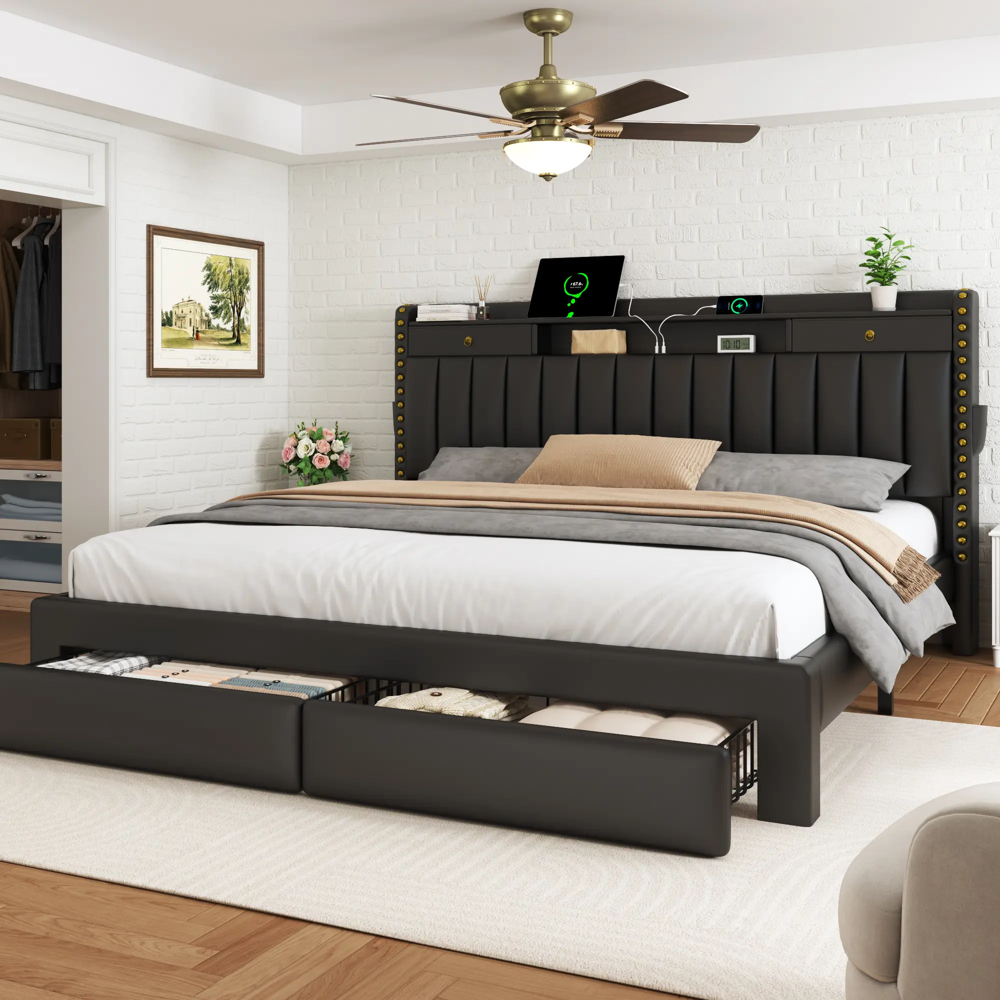 TryLazy Queen bed frame with 4 Storage Drawers No MATTRESS  Wood Slats Holds 900lbs No Noise No Box Spring Needed  White Rivet Design USB Socketbed base,bed with charging, queen size velvet,bed frames,bed frame for queen, queen bed,metal bed frame summerg