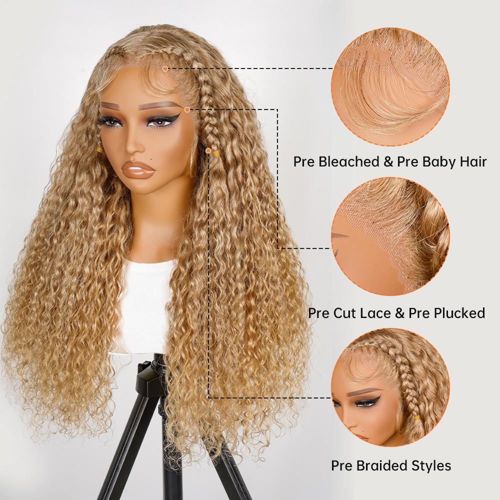 [Clearance Sale] Wiggins Hair #27 Honey Blonde Pre Braided Water Wave Wig 13x4 Lace Frontal Wig Human Hair Stylist Wig Ready To Go Glueless Pre Cut Lace Pre Plucked