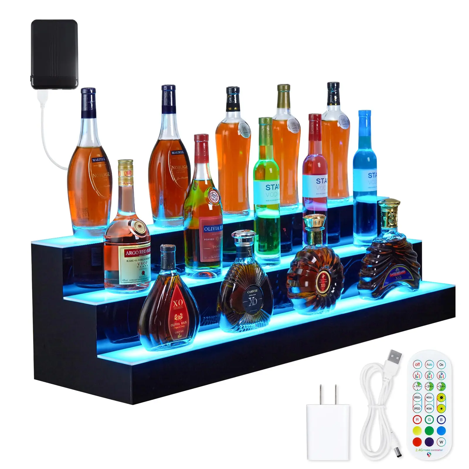 GARVEE Glowing Liquor Bottle Shelf, 40" 3-Layer Color Changing Bar Display with Remote & App, Ambient LED Lighted Acrylic Shelf for Alcohol Bottles, Home Bar & Party Decor