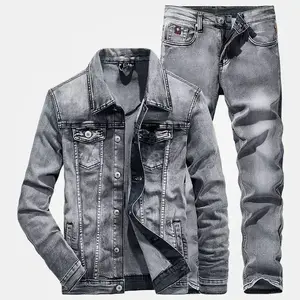 Men 2 piece sets new simple autumn smoky gray long sleeve jacket + jeans fashion slim couple suit Casual ClothesGift