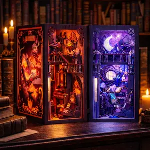 DIY Nebula Common Room Book Nook Kit with LED Lights, Wooden Miniature Bookshelf Insert Decor, Unique Holiday & Christmas Gift for Adults