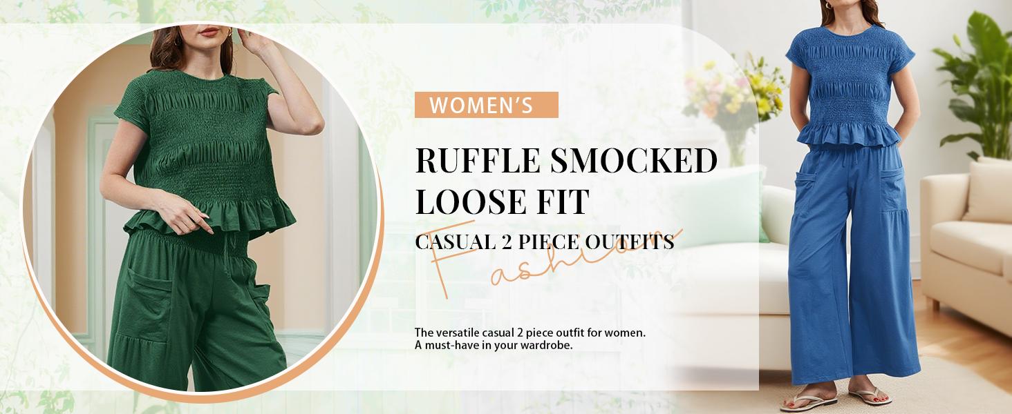 SCUSTY Women's 2-Piece Smocked Top & Wide-Leg Pants Set High-Waisted Lounge Outfit with Pockets Casual Boho Matching Set Minimalist Basic Kleinblue Crewneck Clothes Suits Fitted Trouser