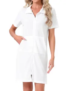 INSPIRE CHIC Women's Zipper Robes Waffle Short Sleeve Bathrobe Housecoat Lightweight Nightgown with Pockets