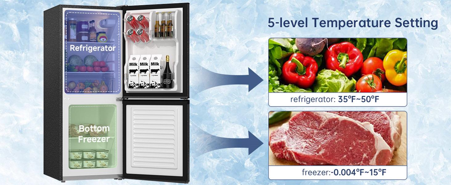 BANGSON 4.0 Cu.Ft Small Refrigerator with Freezer, Double-Door, 5-Level Temperature Control, Adjustable Feet, Bottom Freezer Design, for Apartment Dorm Kitchen, mini fridge, Silver, Black Appliances