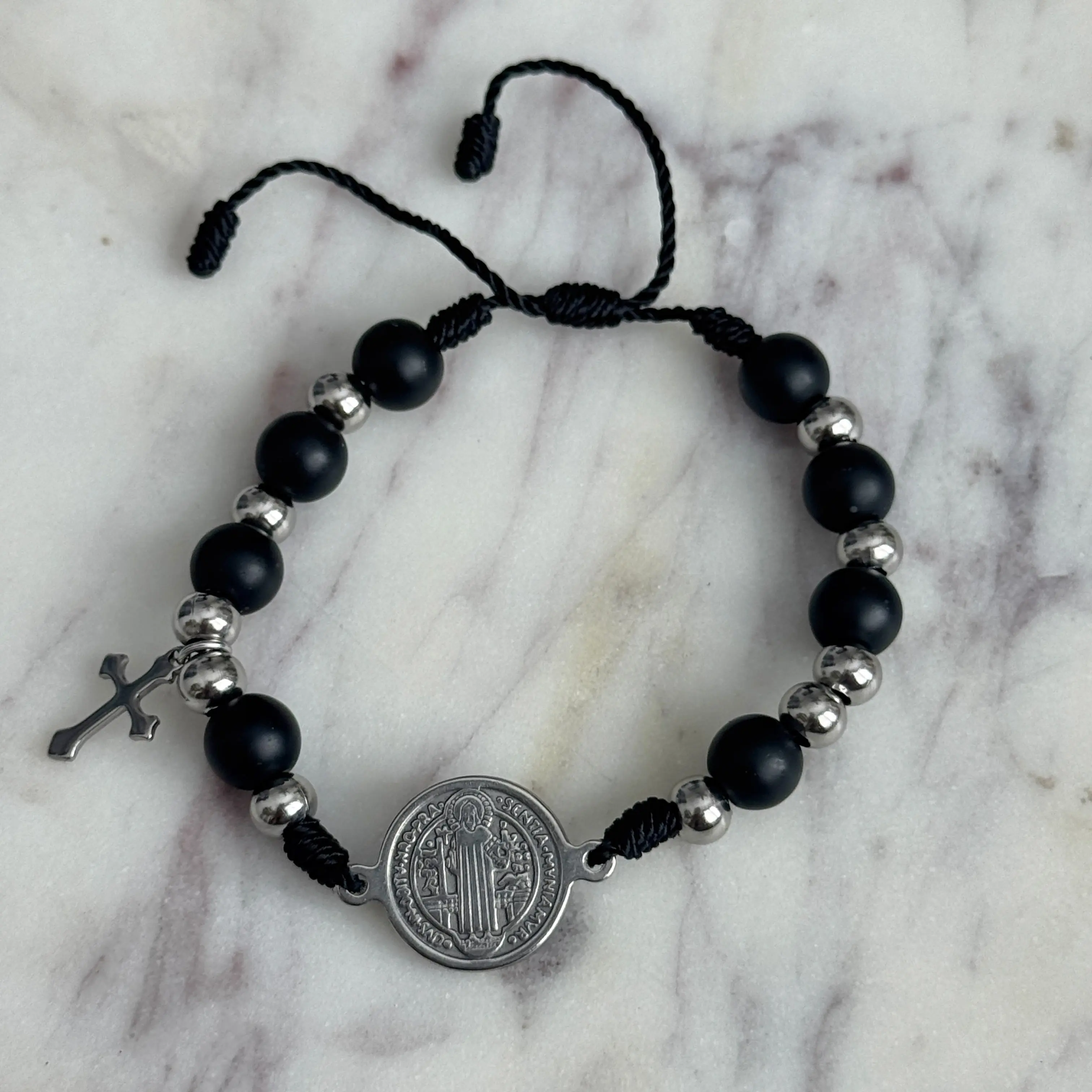 Handmade Craft Beaded Strand Bracelet - Basic, Non-Tarnishing, Adjustable Unisex Costume Jewelry with Stainless Steel San Benito Shield for Daily Spiritual Protection, All Seasons, Bracelet Stacking