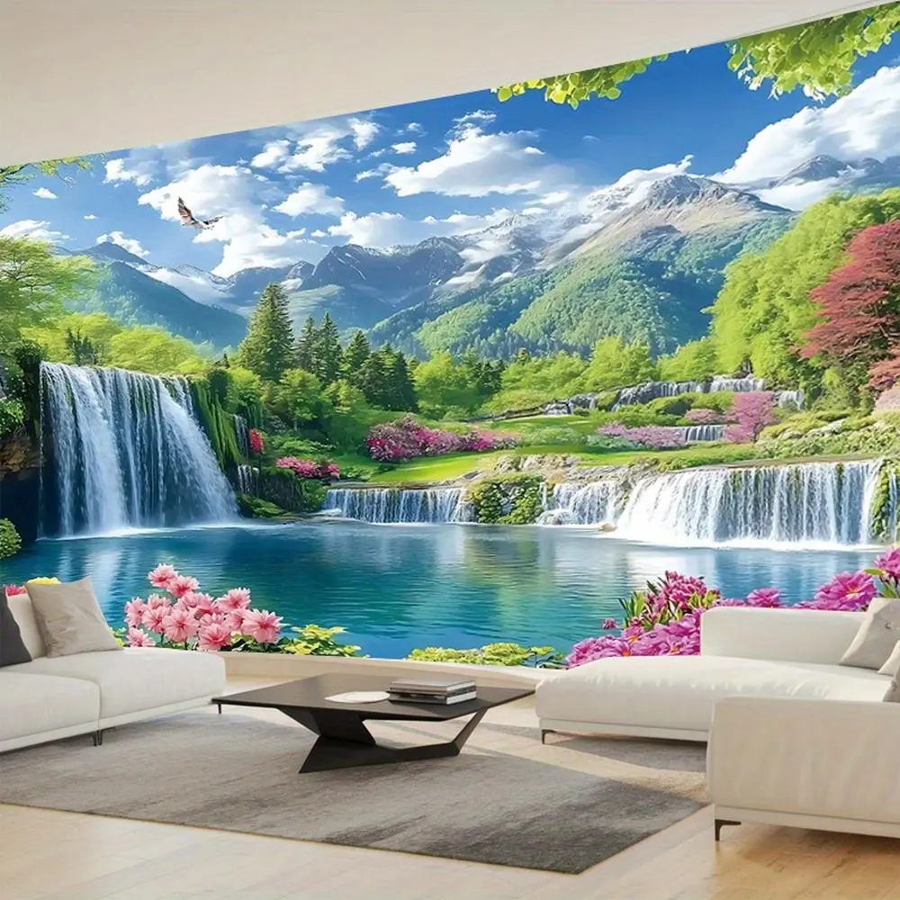 Flat Natural Scenery Mountain Waterfall Landscape Tapestry Wall Hanging for Living Room Bedroom Fresh Natural Landscape Wall Cloth Oversized Background Wall Decoration Pastoral Style Backgr