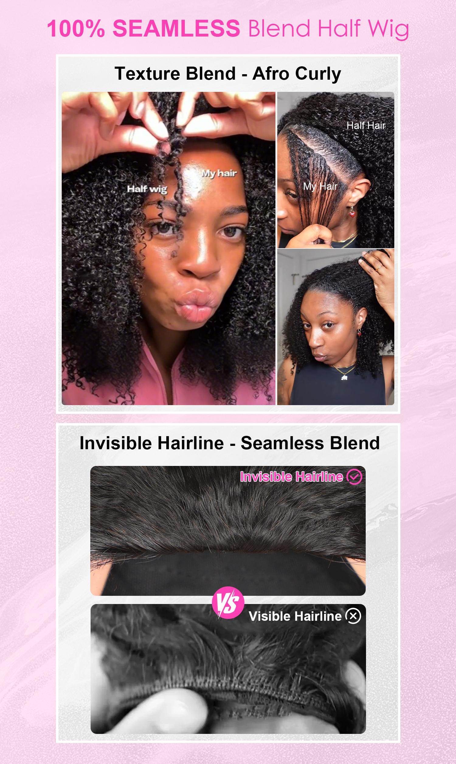 [Wear Go Half Wig] BGMgirl Invisible Hairline Yaki Butterfly Layered Cut/ Afro Curly Half Wig Multiple Texture Available Kinky Curly Water Wave Glueless Human Hair Wigs Seamless Flip Over Updo Down Style Hairpiece