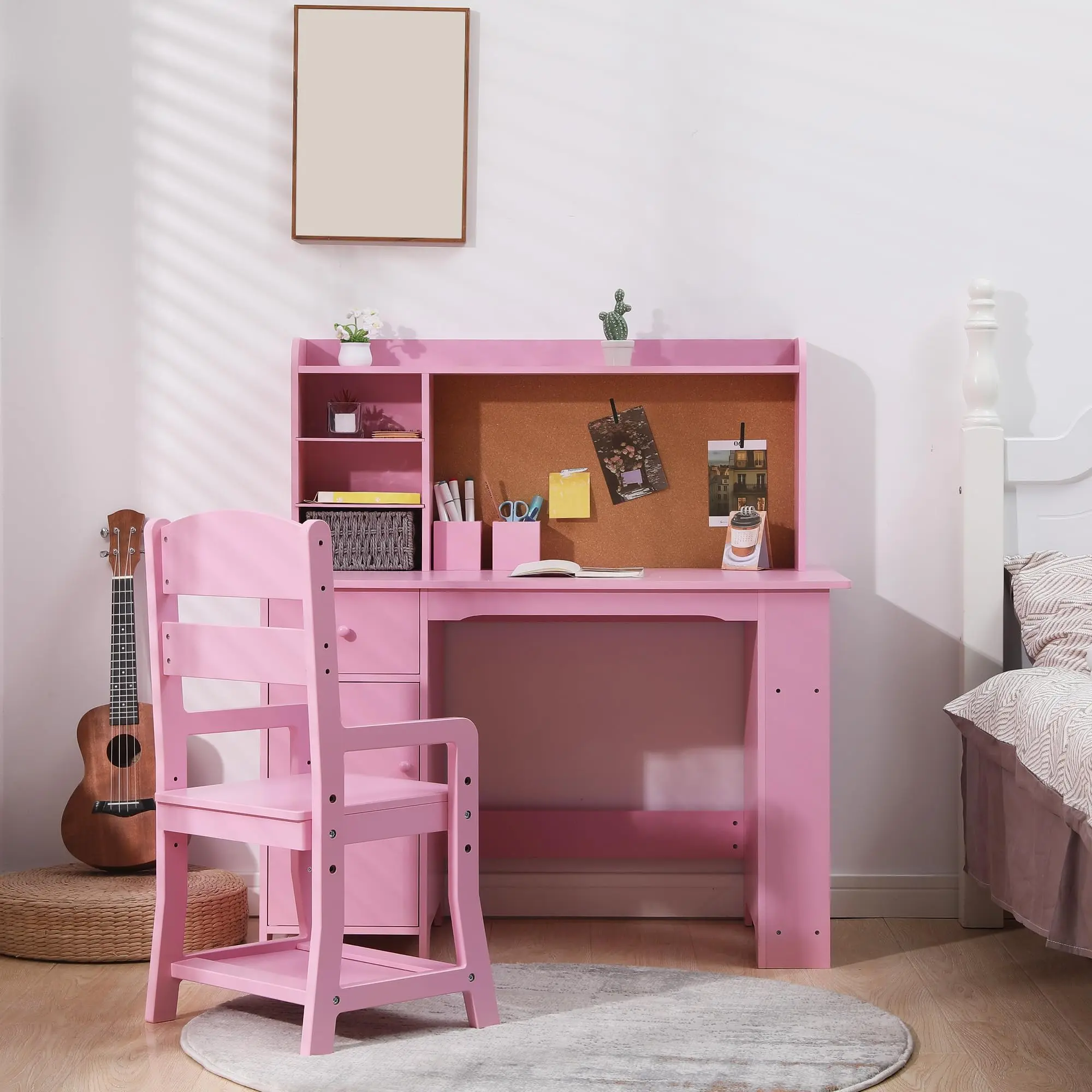 Kids Desk and Chair Set, Wooden Study Table with Storage Shelf, Bulletin Board, Children School Learning Desk Set, Writing Table for Boys and Girls modern organizer table study desk