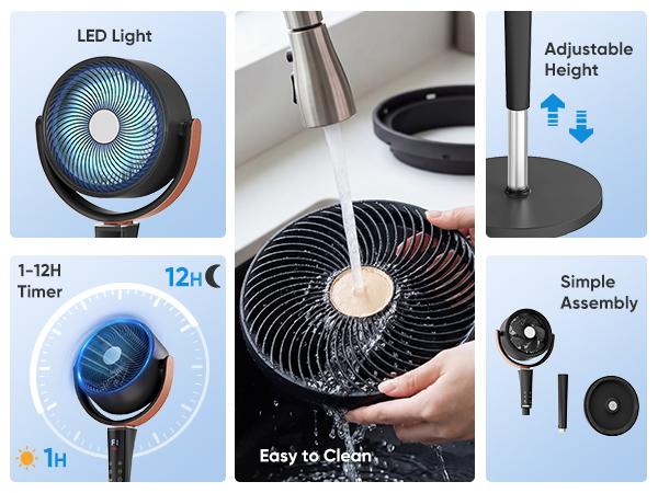 Bedroom Pedestal Fan, Quiet 20dB DC Air Circulator, 15 Speeds 5 Modes, 120° Oscillation, 12H Timer, 1050CFM Airflow, 37-45" Adjustable Height, LED Light, Standing Fan with Remote