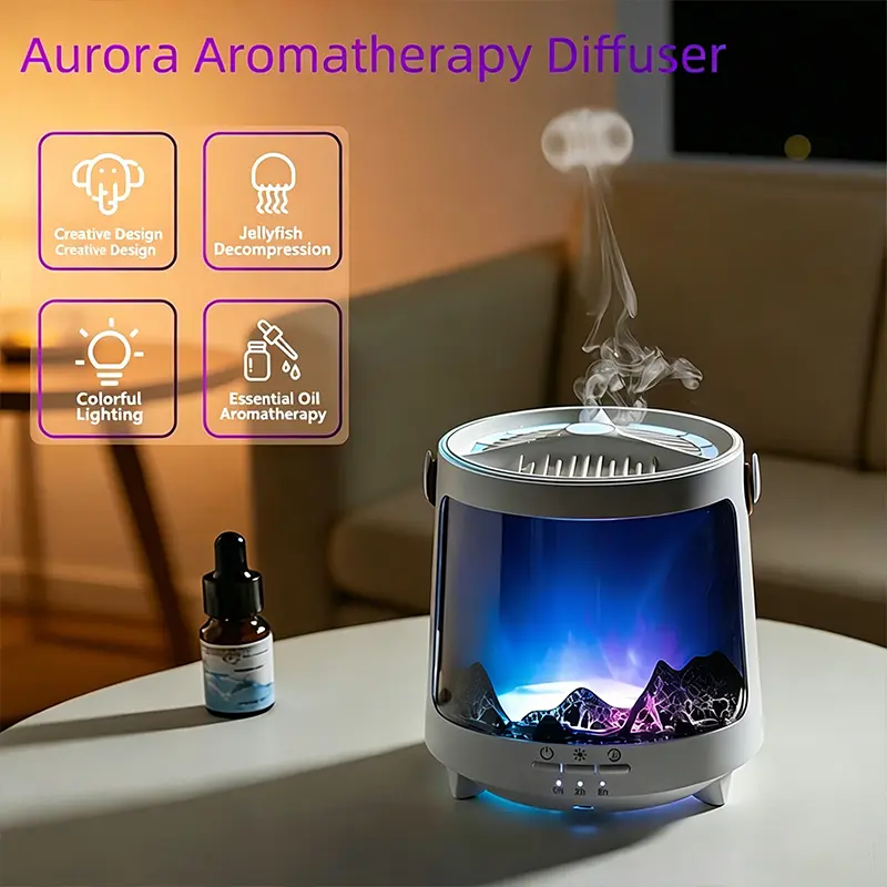 Jellyfish Ultrasonic Aromatherapy Essential Oil Diffuser - Humidifier with Aurora & Flame Color-Changing Nightlight, Timer Function, Portability, Home Bedroom Decor Gift, Color-Changing Illuminated Aroma Diffuser Inhaler Machine, Color-Changing Illuminate