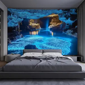1pc Extra Large Blue Cave Landscape Tapestry - Vivid Underwater Scene with Glowing Lights, Durable Polyester Fabric Wall Hanging for Living Room, Bedroom, Office, Party & Live Stream Backdrop Decor (No Installation Needed), Underwater Decor