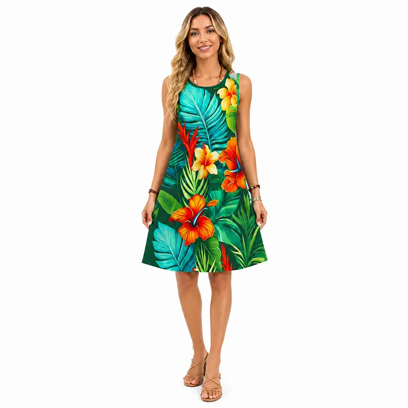 Digital print tropical floral print sleeveless dress with hibiscus flowers and palm fronds for summer beach getaways Breathable Butterfly, Women, Polyester