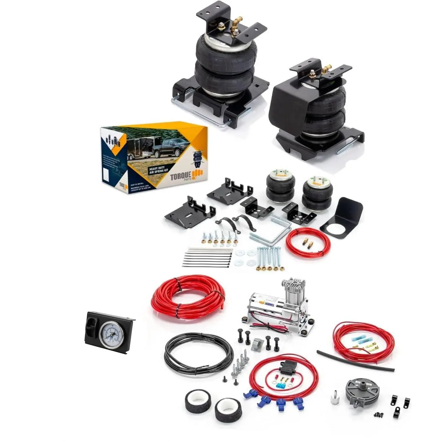 TORQUE Air Bag Suspension Kit with Rubber Bags, Internal Jounce Bumper, Onboard Air Compressor, Brackets, Elbow Fittings & Tubing - 7500 lbs Capacity 1 Kit for 2001-2010 Chevrolet Silverado/GMC Sierra 2500HD/3500HD Pickup Trucks to Boost Ride Quality, Kit