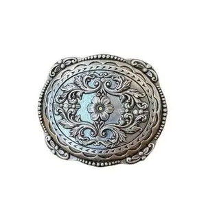 Blazin Roxx Women’s Floral Crystal Western Belt Buckle – Engraved Silver Oval
