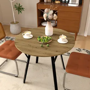 35.43 Inch Round Dining Table, Small Circle Kitchen Table with Metal Black Legs for 2-4 people,Modern Dining Room Table, Brown (only table)