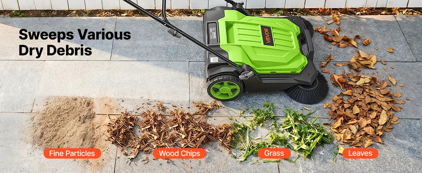 VEVOR Walk-Behind Hand Push Floor Sweeper, Manual Floor Sweeper Non-Electric with 25.6" Sweeping Width, 5 Gallons Waste Container & Adjustable Folding Handle for Yards Walkways Patios Garages - Green